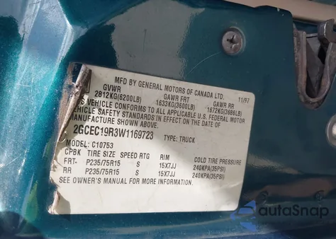 1998 Chevrolet C1500 Fleetside z USA, uszkodzony, nr VIN 2GCEC19R3W1169723